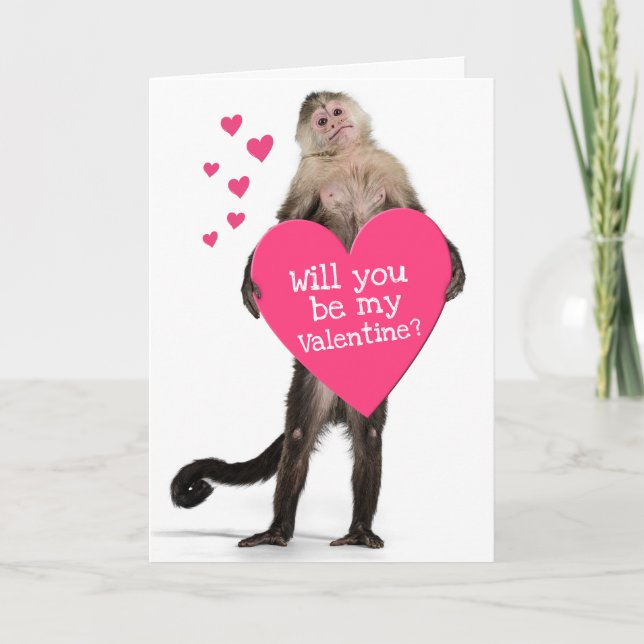 Cute Monkey Holding Huge Heart- Valentine's Day Holiday Card (Front)