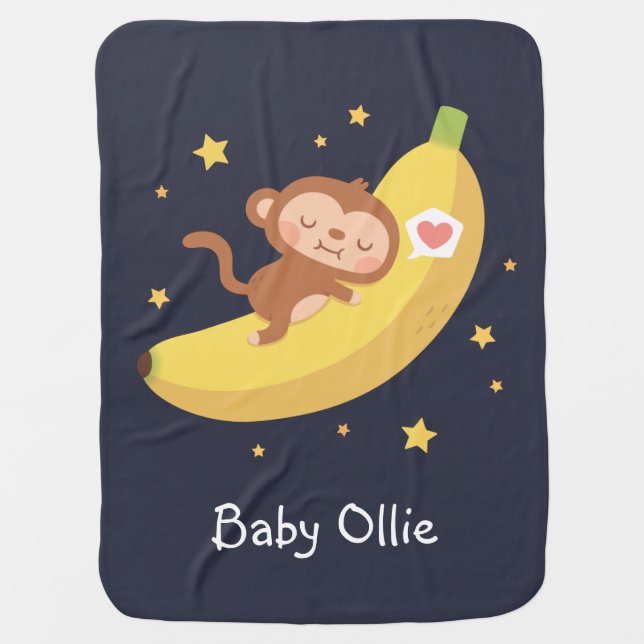 Cute Monkey Hugging Banana Moon Funny Baby Blanket (Front)