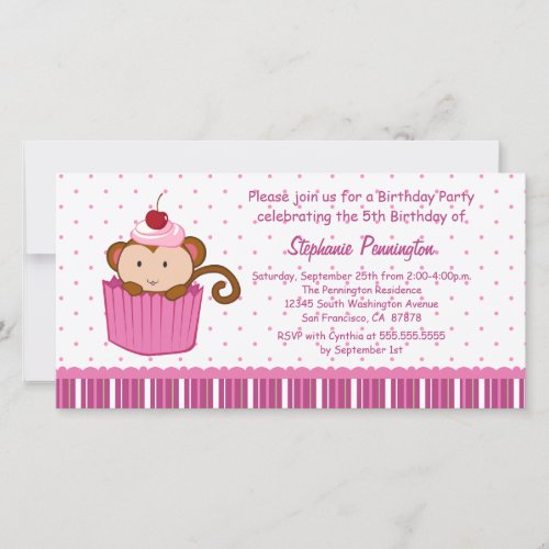 Cute monkey in a cupcake birthday party invitation