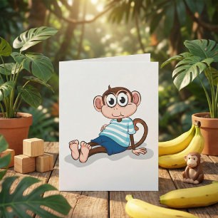 Cute Monkey in Blue Striped Shirt and Shorts Card