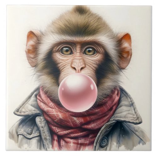 Cute Monkey In Scarf and Jacket Bubble Gum Ceramic Tile