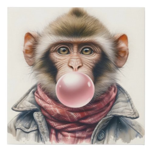 Cute Monkey In Scarf and Jacket Bubble Gum Faux Canvas Print