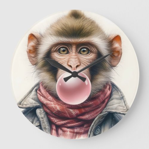 Cute Monkey In Scarf and Jacket Bubble Gum Large Clock