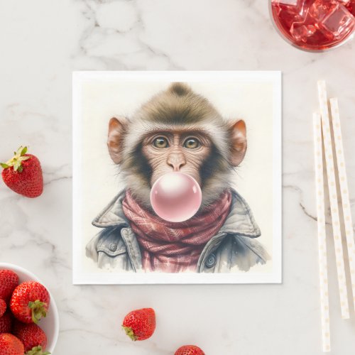 Cute Monkey In Scarf and Jacket Bubble Gum Napkins