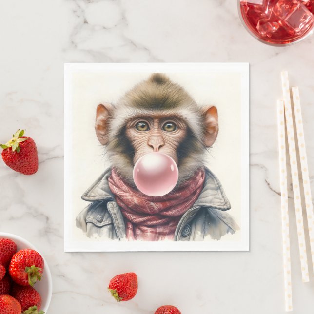 Cute Monkey In Scarf and Jacket Bubble Gum Napkins (Insitu)