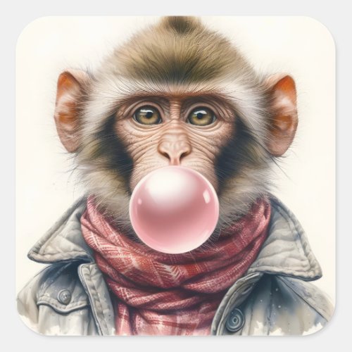 Cute Monkey In Scarf and Jacket Bubble Gum Square Sticker
