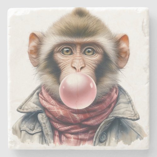 Cute Monkey In Scarf and Jacket Bubble Gum Stone Coaster