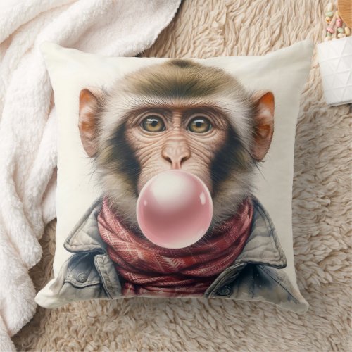Cute Monkey In Scarf and Jacket Bubble Gum Throw Pillow