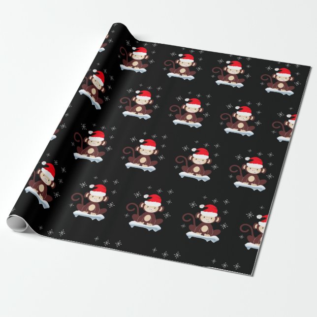 Cute monkey in the snow, merry christmas wrapping paper (Unrolled)