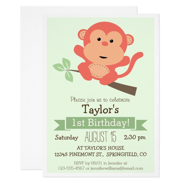 Cute Monkey, Jungle Animal Kid's Birthday Party Invitation