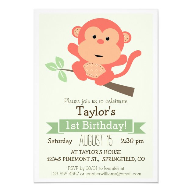 Cute Monkey, Jungle Animal Kid's Birthday Party Invitation