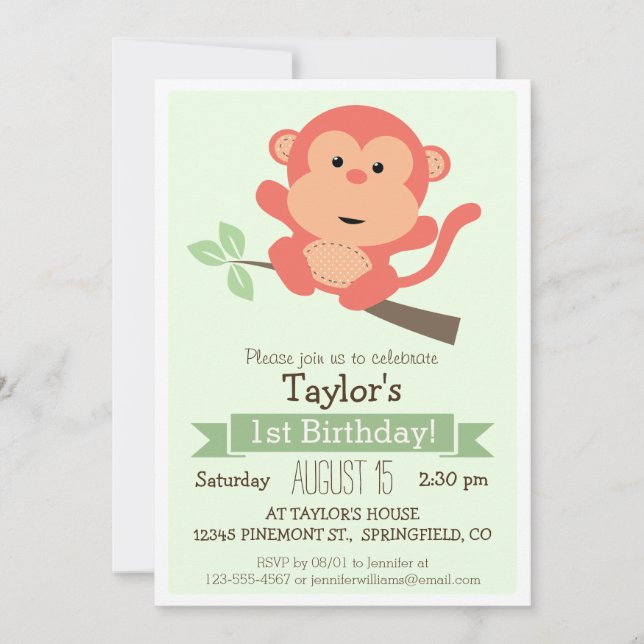 Cute Monkey, Jungle Animal Kid's Birthday Party Invitation (Front)