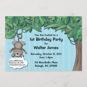 Cute Monkey Jungle Birthday Party Blue Invitation