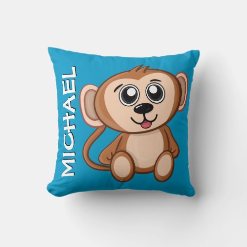 Cute Monkey Jungle Blue Cartoon Rainforest Name Throw Pillow