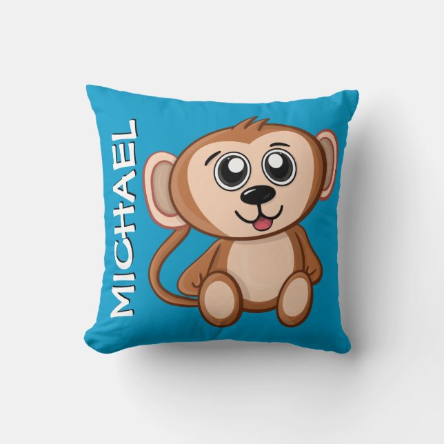 Cute Monkey Jungle Blue Cartoon Rainforest Name Throw Pillow (Front)