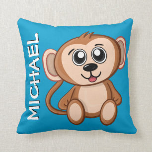 Cute Monkey Jungle Blue Cartoon Rainforest Name Throw Pillow