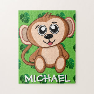 Cute Monkey Jungle Green Name Cartoon Rainforest Jigsaw Puzzle