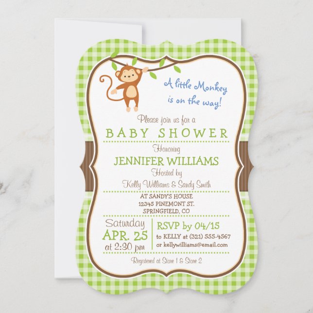 Cute Monkey; Jungle Theme Baby Shower Invitation (Front)