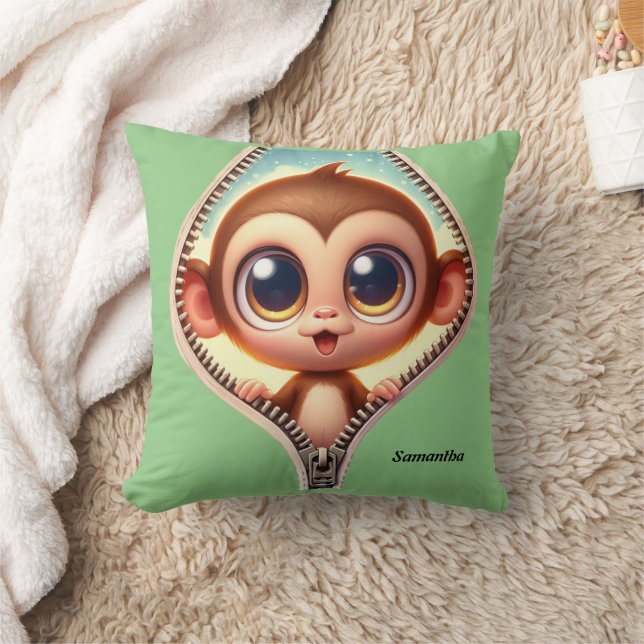 Cute  Monkey Kids Customizable Name  Throw Pillow (Blanket)