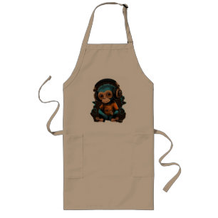 Cute Monkey Listening Music, Music Immersed Monkey Long Apron