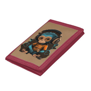 Cute Monkey Listening Music, Music Immersed Monkey Tri-fold Wallet