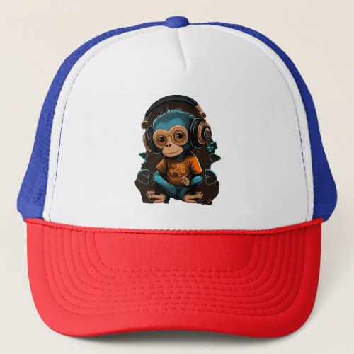 Cute Monkey Listening Music Music Immersed Monkey Trucker Hat