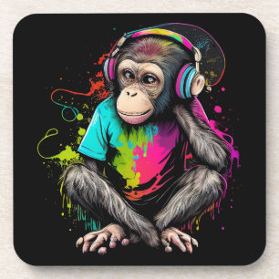 Cute Monkey Listening Music, Music Obsessed Monkey Beverage Coaster