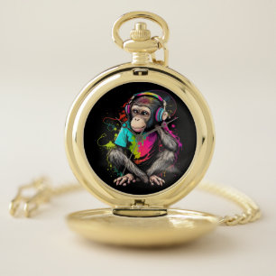 Cute Monkey Listening Music, Music Obsessed Monkey Pocket Watch