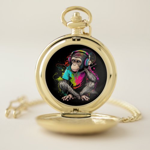 Cute Monkey Listening Music Music Obsessed Monkey Pocket Watch