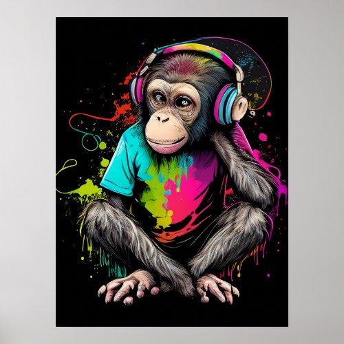 Cute Monkey Listening Music Music Obsessed Monkey Poster