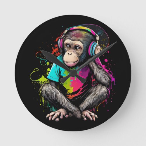 Cute Monkey Listening Music Music Obsessed Monkey Round Clock