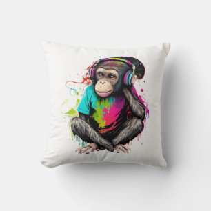 Cute Monkey Listening Music, Music Obsessed Monkey Throw Pillow