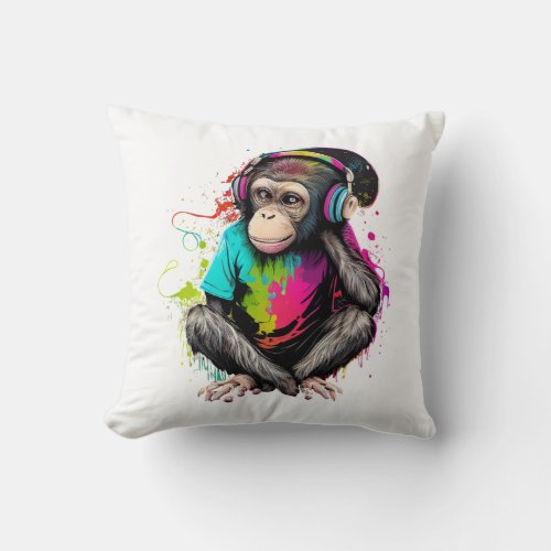 Cute Monkey Listening Music Music Obsessed Monkey Throw Pillow