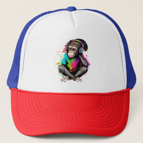 Cute Monkey Listening Music Music Obsessed Monkey Trucker Hat
