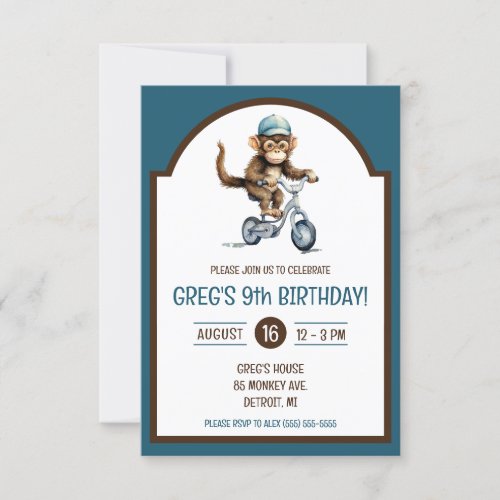 Cute Monkey on a Bicycle Birthday Party Invitation