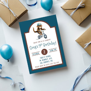 Cute Monkey on a Bicycle Birthday Party Invitation