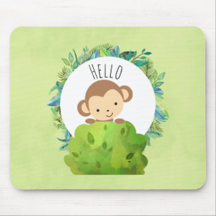 Cute Monkey Peeking Out from Behind a Bush Hello Mouse Pad