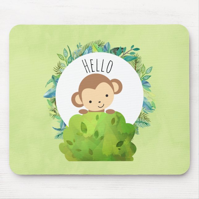 Cute Monkey Peeking Out from Behind a Bush Hello Mouse Pad (Front)