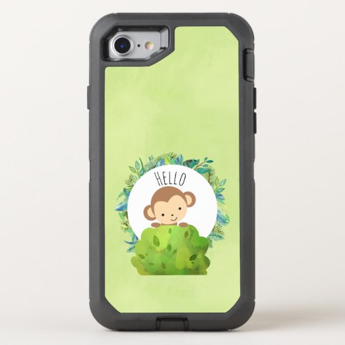 Cute Monkey Peeking Out from Behind a Bush Hello OtterBox Defender iPhone SE87 Case