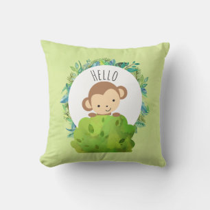Cute Monkey Peeking Out from Behind a Bush Hello Throw Pillow