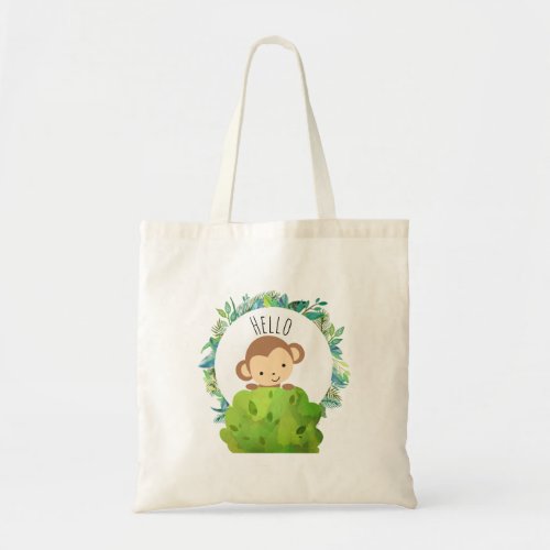 Cute Monkey Peeking Out from Behind a Bush Hello Tote Bag
