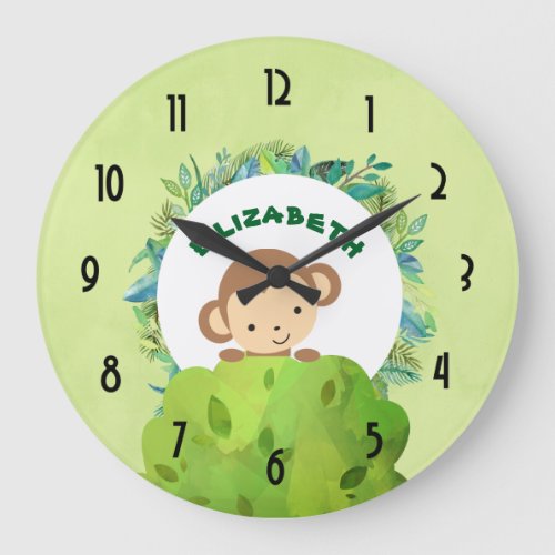 Cute Monkey Peeking Out from Behind a Bush Large Clock