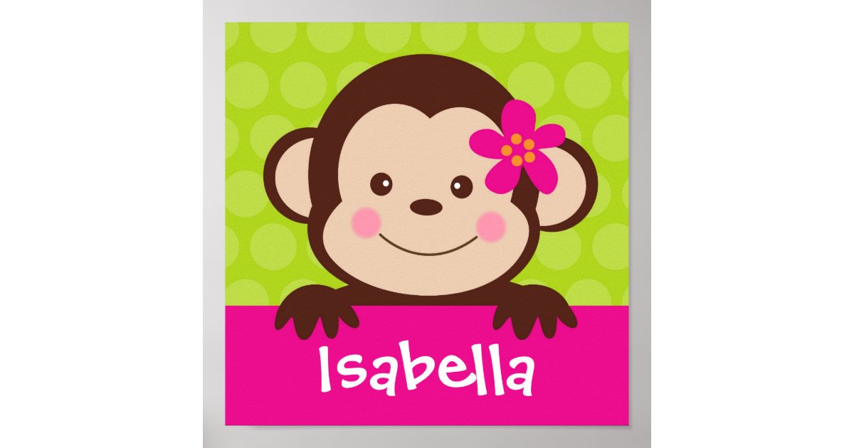 Cute Monkey Personalized Name Art Print girl Kids | Zazzle.com