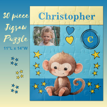 Cute Monkey Photo Name Blue Yellow Kids Jigsaw Puzzle by LynnroseDesigns at Zazzle