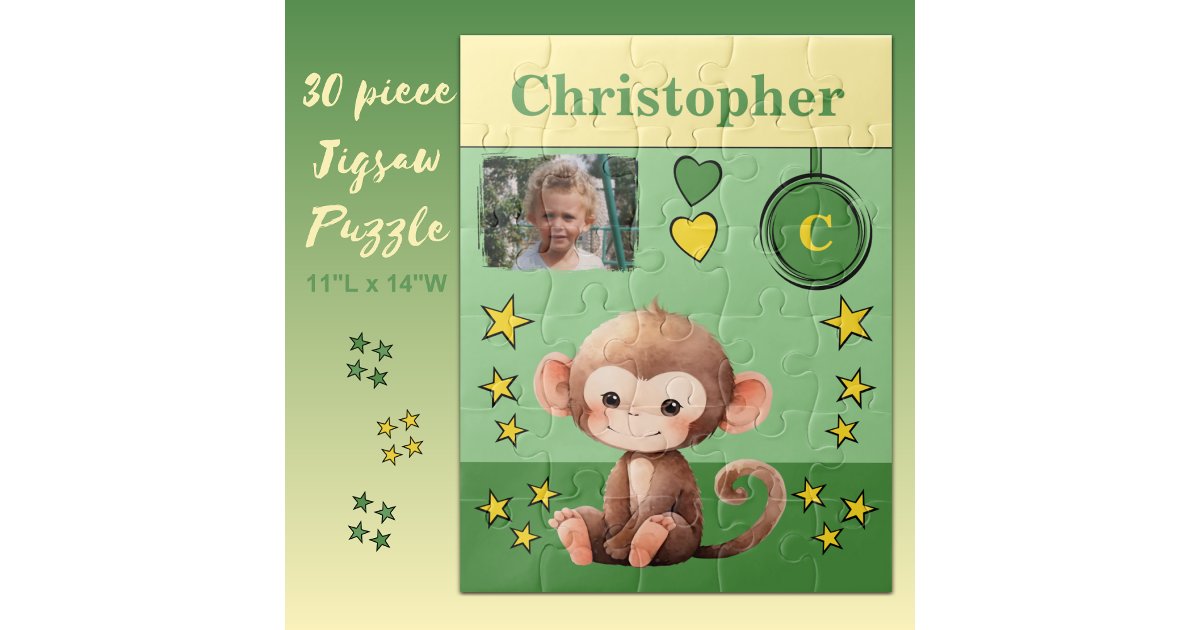 Cute monkey photo name green yellow kids jigsaw puzzle | Zazzle