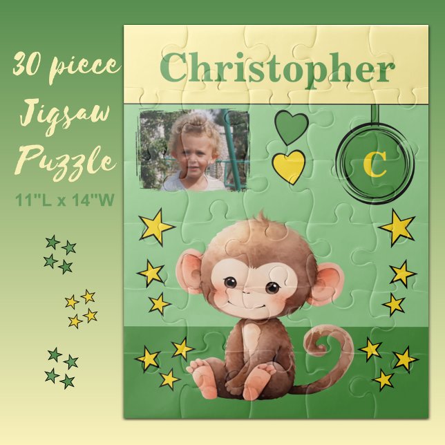 Cute monkey photo name green yellow kids jigsaw puzzle (Creator Uploaded)