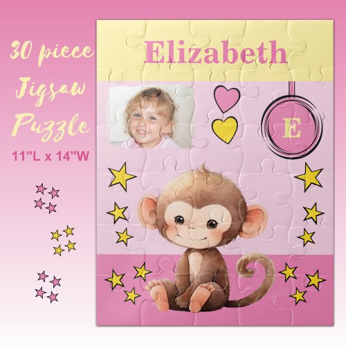 Cute monkey photo name pink yellow kids jigsaw puzzle