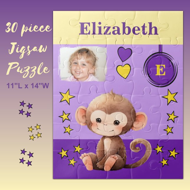 Cute monkey photo name purple yellow kids jigsaw puzzle (Creator Uploaded)
