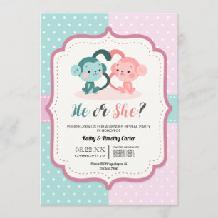 cute monkey polka dots gender reveal party hearts invitation