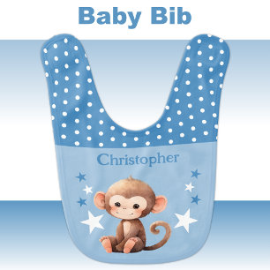 Cute monkey polka dots stars add name blue baby bib